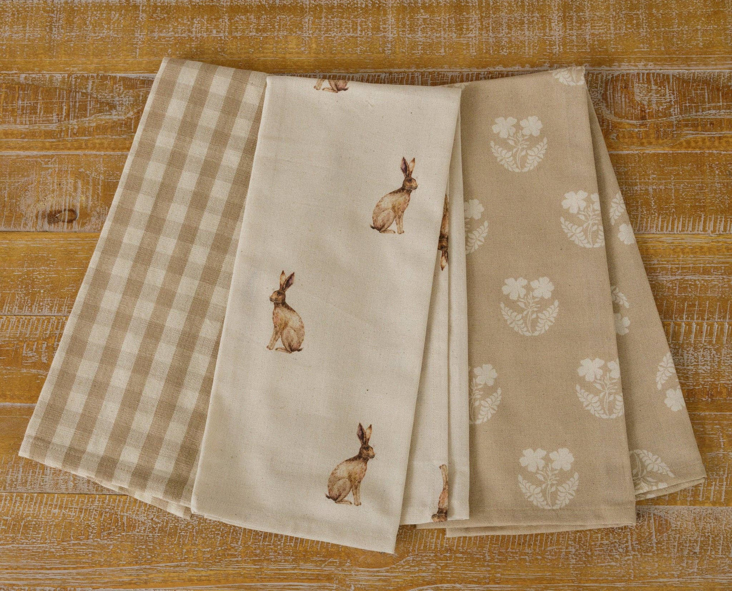 Tea Towels - Rabbit And Tan And Linen Check (Pk/03 Ast)