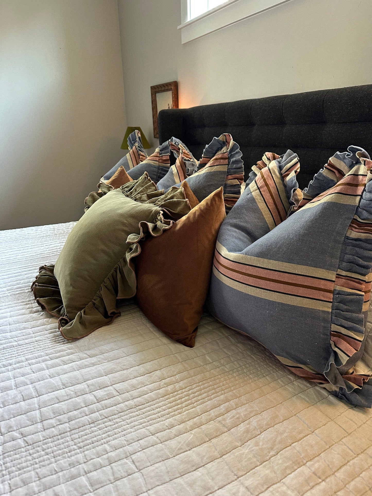 Hunter Green Linen-Ruffle Pillow Cover