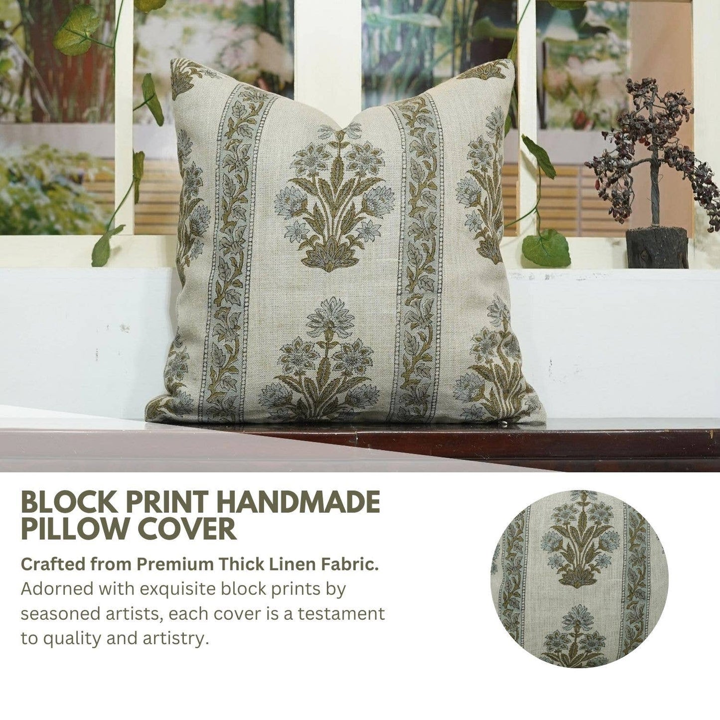 Block Print Boho Thick Linen Pillow Cover- Morpankh Border