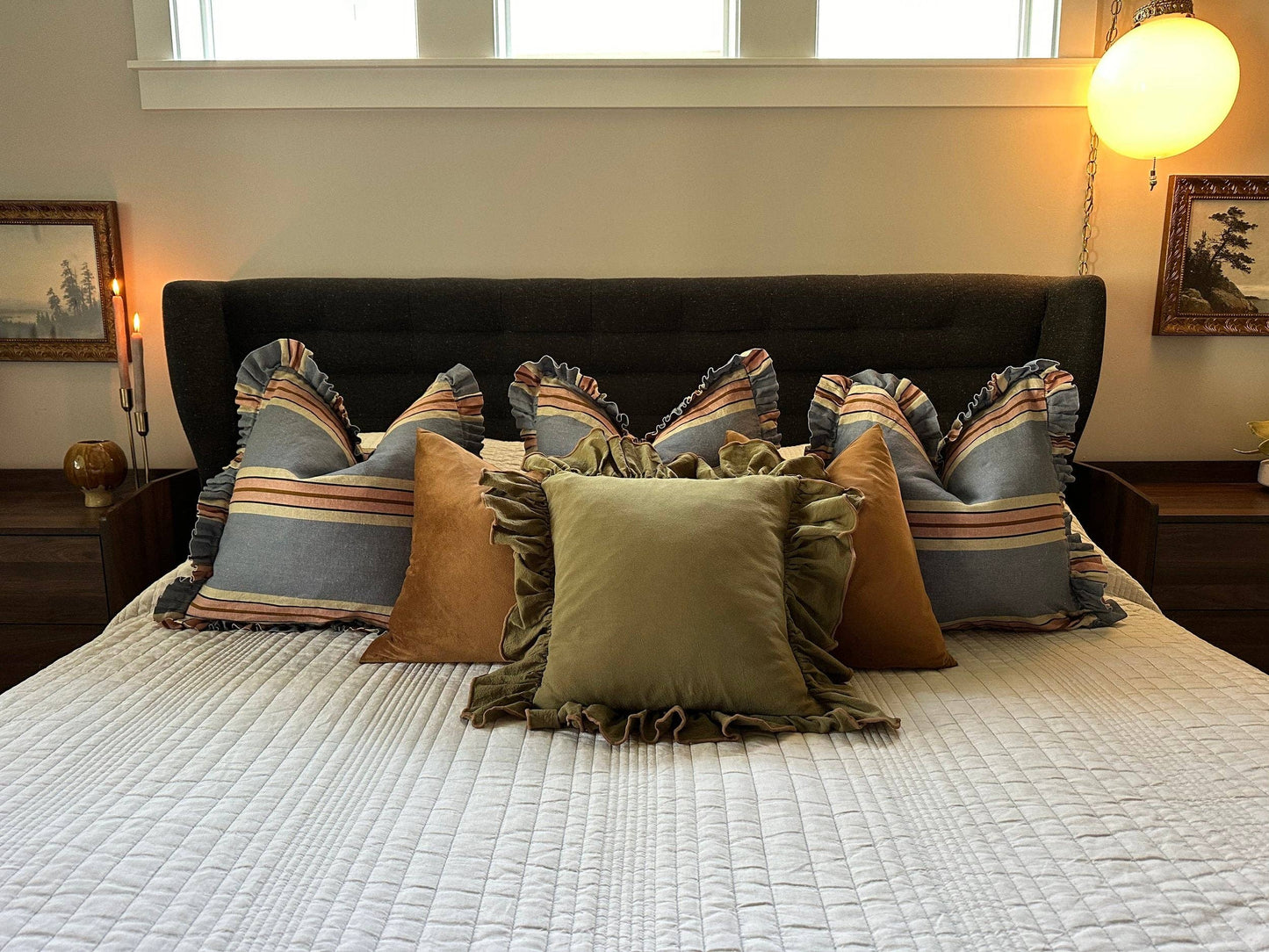 Hunter Green Linen-Ruffle Pillow Cover