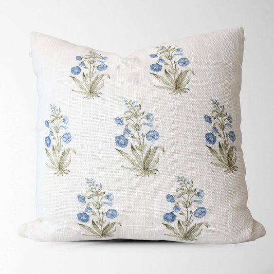 Lucie Blue Floral Block Print Pillow Cover- Decorative